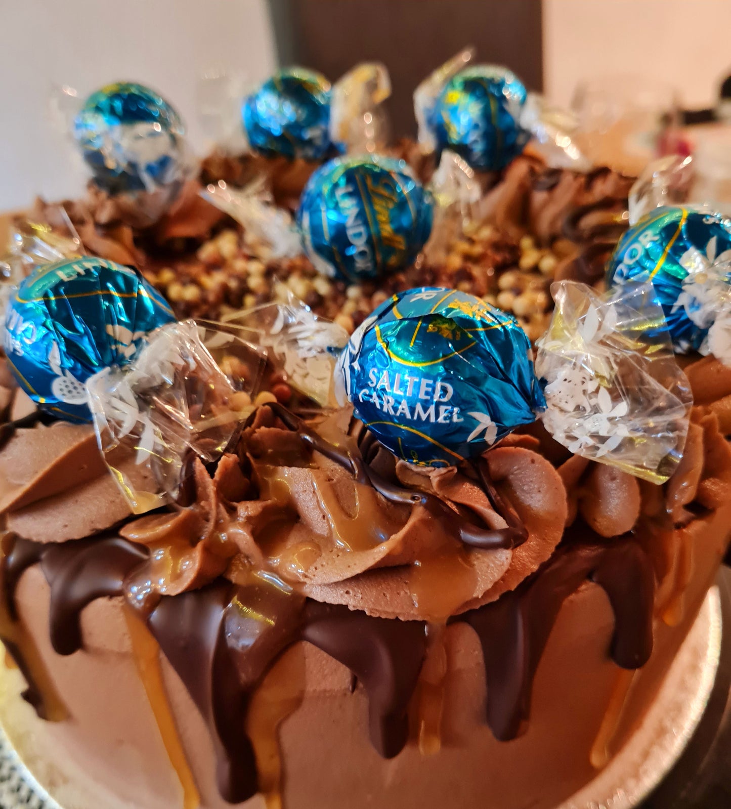 Lindor Chocolate and Salted Caramel Drip cake